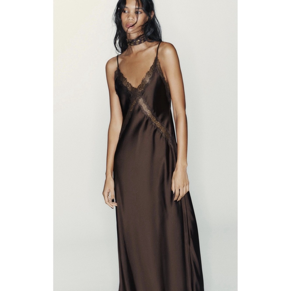 Zara Brown Satin Lace Midi Dress V-Neck Low Back XS 4764/223/702